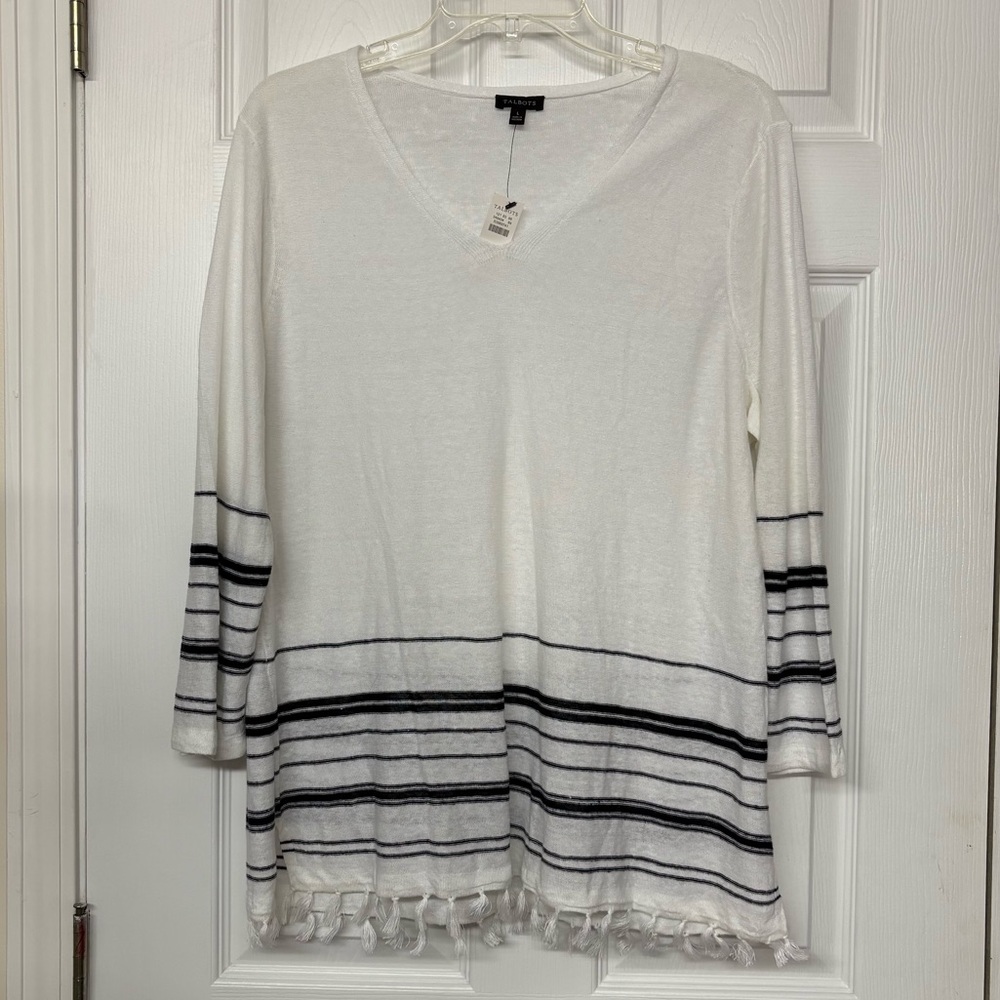 Talbots White with Navy Stripes V Neckline 100% Linen Top Fringe Ends Sz L NWT